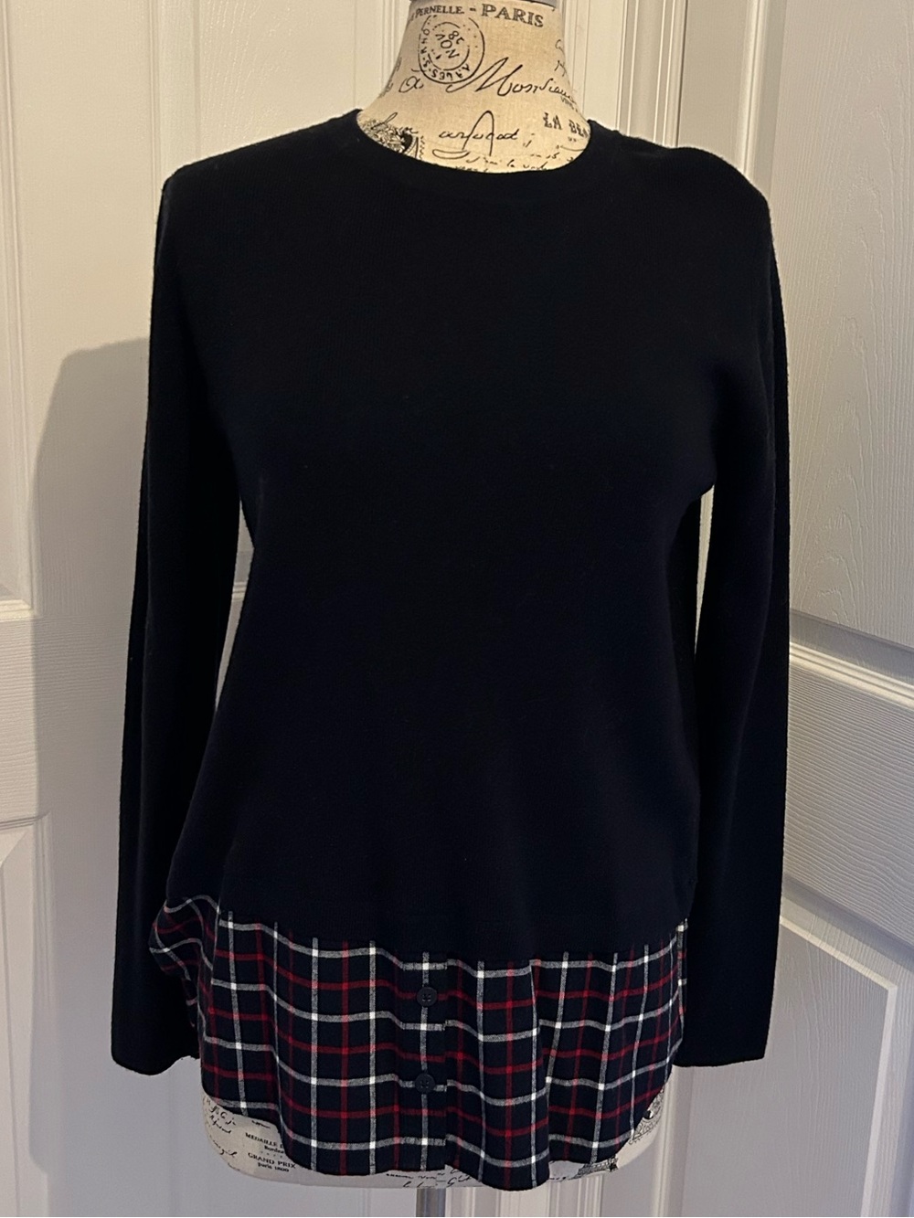 Whistles Long-Sleeve Sweater with Plaid Hem